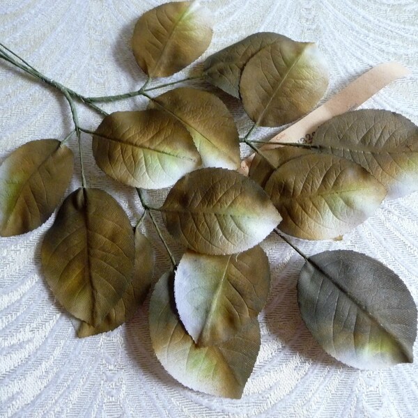Vintage Rose Leaves Spray of 18 Olive Green Lime Shaded Matte AS IS for Hats Fascinators Crafts Gowns Costumes