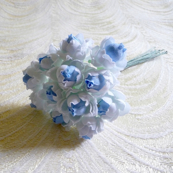 Vintage Rosebuds Tiny Millinery Flowers NOS Bunch of 12 Antique White Blue Roses for Weddings Corsage  Hair Clips Head Band 3FV0090B
