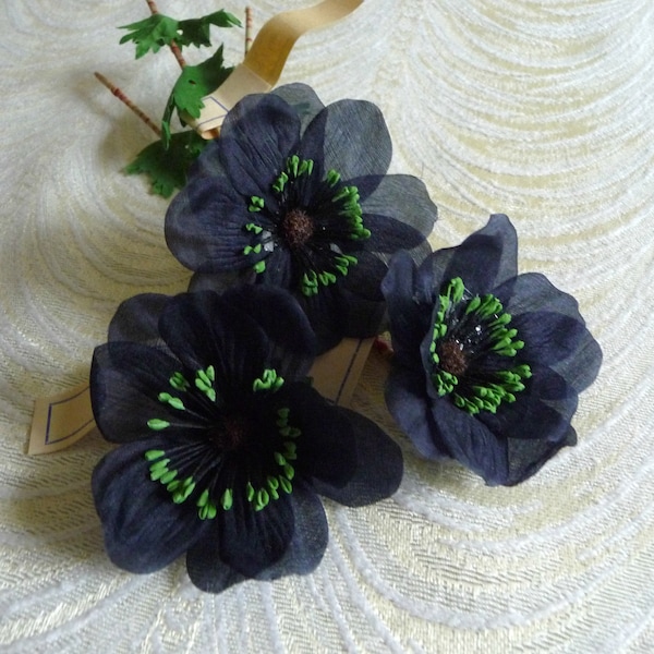 Vintage Millinery Anemone  Set of 3 Navy Blue Silk Flower NOS Germany for Hats Fascinators Crowns Brooch Crafts