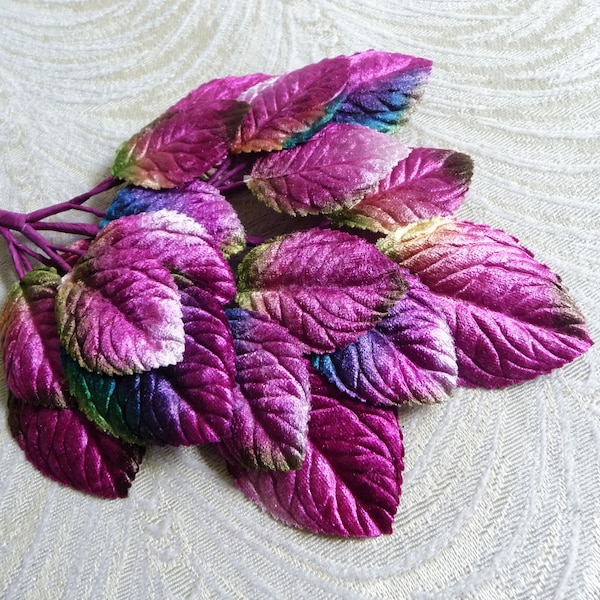NEW STYLE Larger Leaf Velvet Leaves Magenta Green Blue Fuchsia Ombre Millinery Beautiful Spray of 18 for Hats Fascinators Crafts