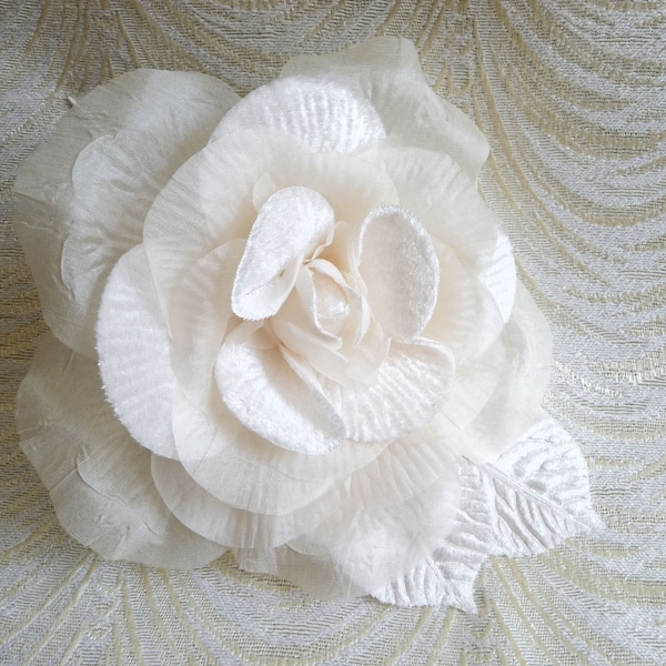 6.5" Ivory Silk and Velvet Rose Millinery Flower for Hats Fascinators Gowns Costumes