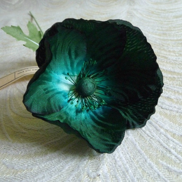 Vintage Silk Poppy Dark Forest Green Teal Double Silk NOS Germany Millinery for Hats, Fascinators, Floral Arrangements