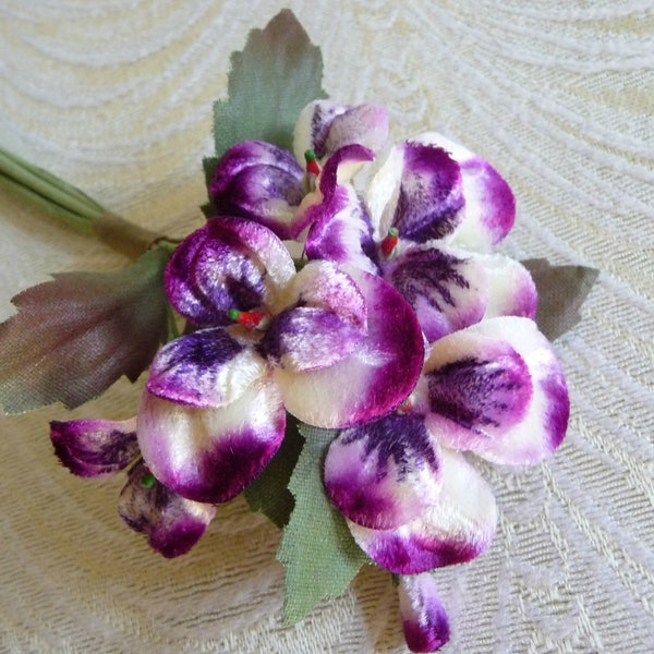 Vintage Velvet Millinery Pansies Wine Purple Cream Shaded Flowers Bunch of Six European Made NOS for Hats, Crowns, Clips
