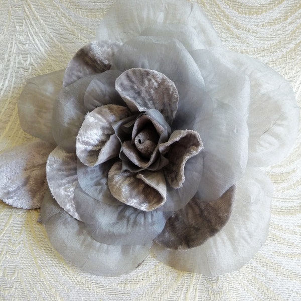 6.5" Gray Silk and Velvet  Rose Millinery Flower for Hats Fascinators Gowns Costumes