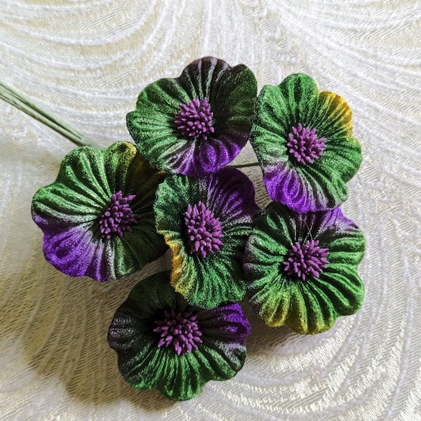 Velvet Millinery Flowers Green Purple Gold Ombre Poppies Mardi Gras Yo Yo for Hats, Fascinators, Crafts 2FN0035G2