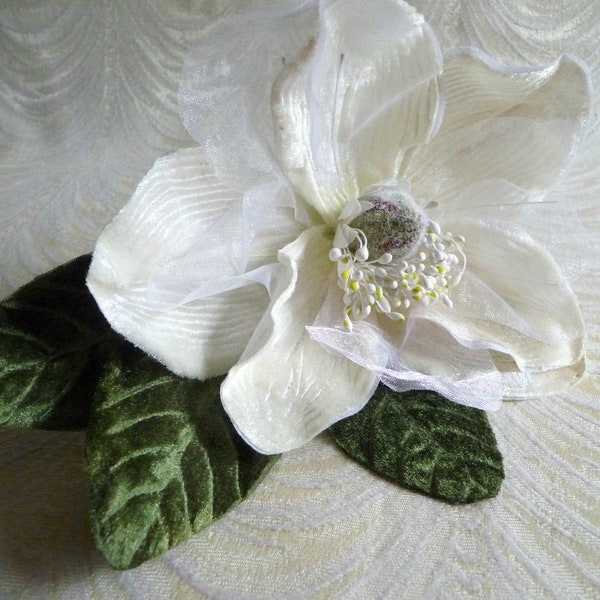 Velvet Millinery Flower Creamy White Magnolia Blossom with Leaves for Hats Home Decor Wreaths Floral Arrangements