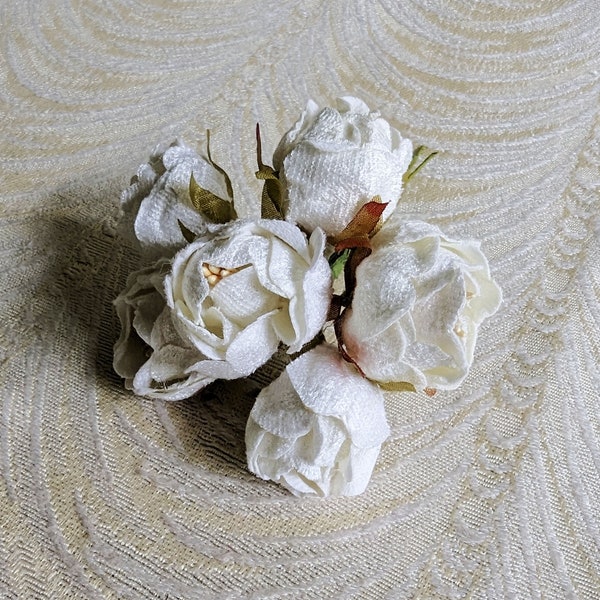 Rose Buds Bunch of 6 Small Ivory Fabric Millinery Flowers for Hats Hair Clips Bridal Crowns Crafts