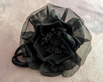 5" Black Millinery Rose with Silk Tubing for Corsage, Gowns, Hats, Costumes
