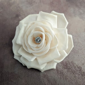 5.5" Ivory Silk Rose with Clip Millinery Flower with Rhinestones Handmade for Hats Corsage Gowns Costumes S761