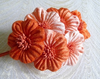 Velvet Millinery Flowers Orange Peach Ombre Shaded Poppies Yo Yo for Hats, Fascinators, Crafts 2FN0035O