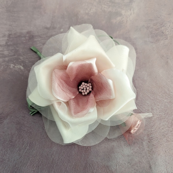 5" Blush Pink Ivory Shaded Millinery Rose and Bud with Tubing Stems and Leaves NOS for Hats Brooch Gowns Sash Corsages