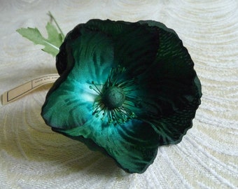 Vintage Silk Poppy Dark Forest Green Teal Double Silk NOS Germany Millinery for Hats, Fascinators, Floral Arrangements