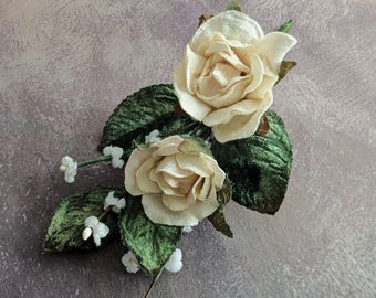 Velvet Roses Ivory with Leaves and Forget Me Nots Cluster Millinery Flowers for Hats Fascinators Crafts