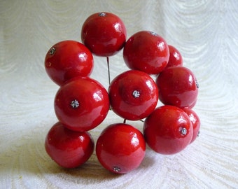 SALE Large Vintage Cherries Berries 12 Red Millinery Fruit Decoration Bunch of NOS Germany Spun Cotton for Hats Christmas Crafts Wreaths F12