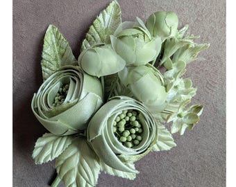 Handmade Silk and Velvet Rose Cluster Forget Me Nots Celadon Green for Corsage, Hats, Millinery Flowers