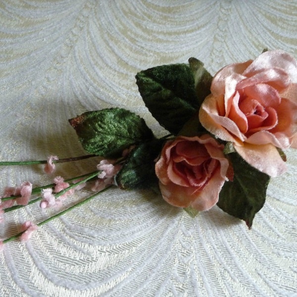 Velvet Pink Roses with Millinery Leaves and Forget Me Nots Cluster for Weddings Hats Corsages 3FN0074P