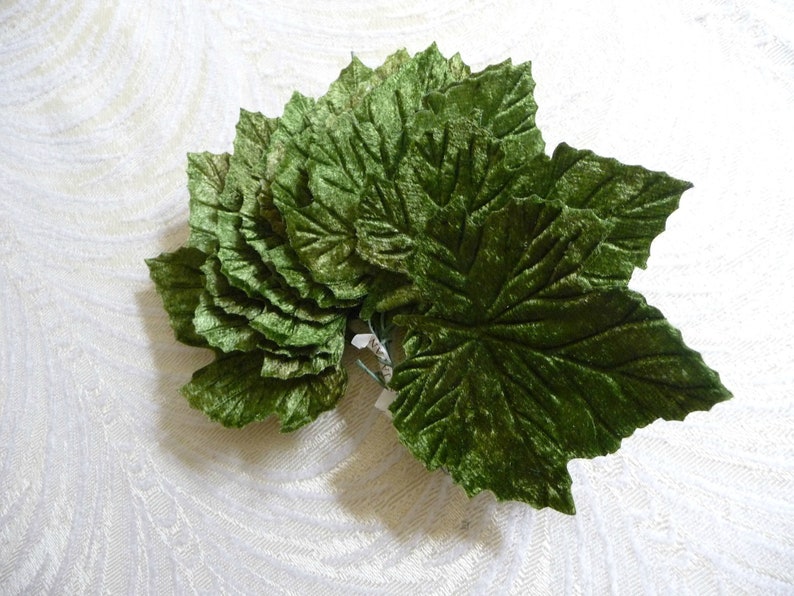 Vintage Velvet Leaves Green Maple Grape Millinery Bunch of 12 NOS for Crafts Hats Velvet Fall Crafts Pumpkins 7LS0006G image 2