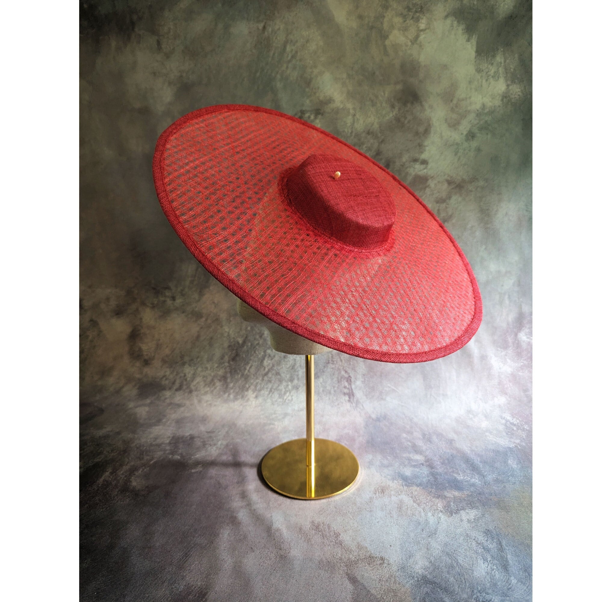 17.25" Red Cartwheel Hatinator Base Woven Sinamay Straw Hat Form with Sleeve for Headband for DIY Millinery Supply Round Not Ready to Wear