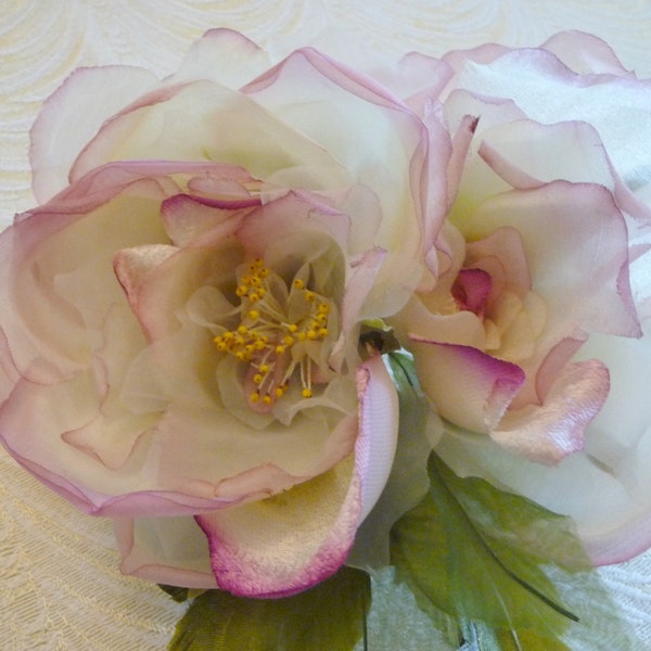 Silk and Velvet Bridal Rose and Bud Large Millinery Ivory Pink Mauve Pale Green with Leaves for Gown, Sash, Wedding, Hat 3FN0048I