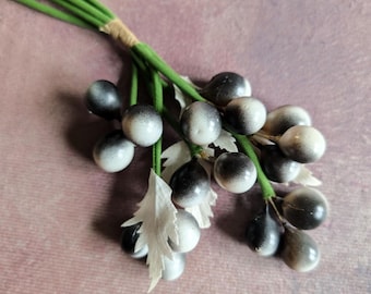 Vintage Black and White Berries Millinery Fruit on Dangle Stems NOS Germany Bunch for Hats Crafts