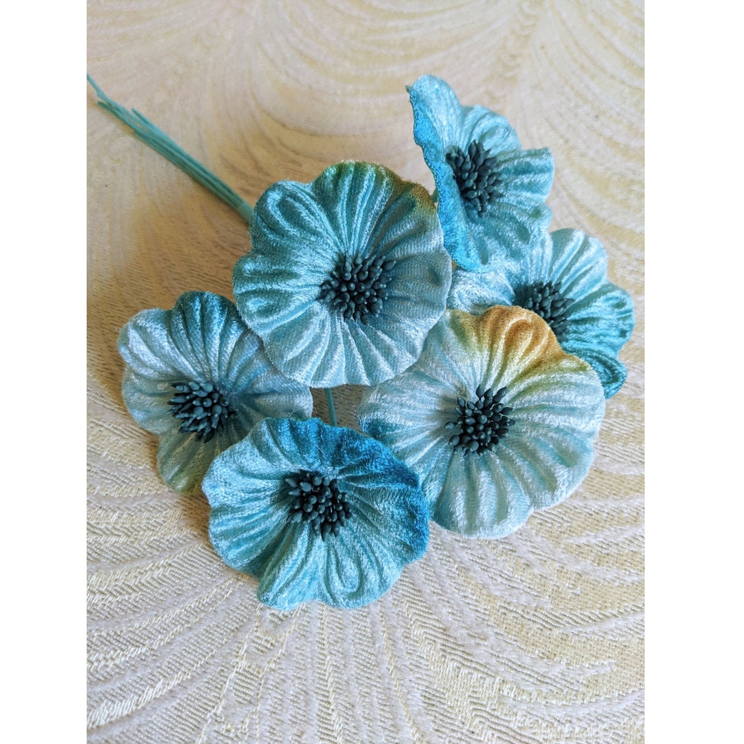 Velvet Millinery Flowers Aqua Blue Turquoise Poppies Yo Yo for Hats