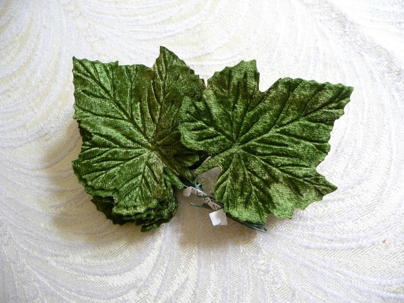 Vintage Velvet Leaves Green Maple Grape Millinery Bunch of 12 NOS for Crafts Hats Velvet Fall Crafts Pumpkins 7LS0006G image 5