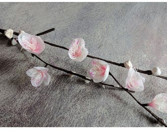 38" Vintage Millinery Cherry Blossoms Long Twig White Pink Flowers and Buds NOS for Crowns, Hat Brims, Crafts, Wreaths, Home Decor