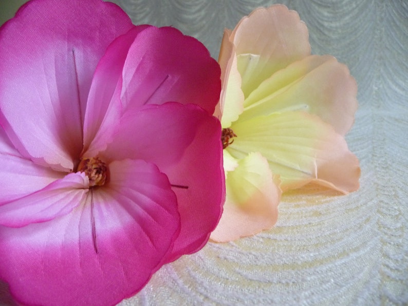Vintage Satin Hibiscus Yellow Peach Shaded Millinery Flower NOS Japan Long Stem for Hats Fascinators Floral Arrangements