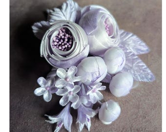 Handmade Silk and Velvet Rose Cluster Forget Me Nots Pale Lavender for Corsage, Hats, Millinery Flowers