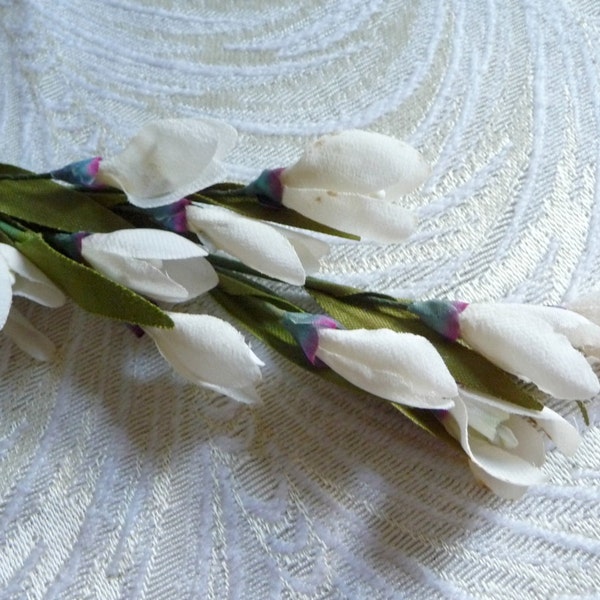Vintage Snowdrop Silk Flower Spray Wedding White Millinery Blossoms with Leaves AS IS Bridal Bouquets Head Bands Floral Arrangements