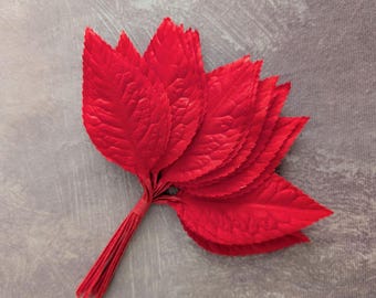 Bunch of 24 Vintage Red Satin Millinery Leaves NOS from Japan Embossed for Hats Crafts