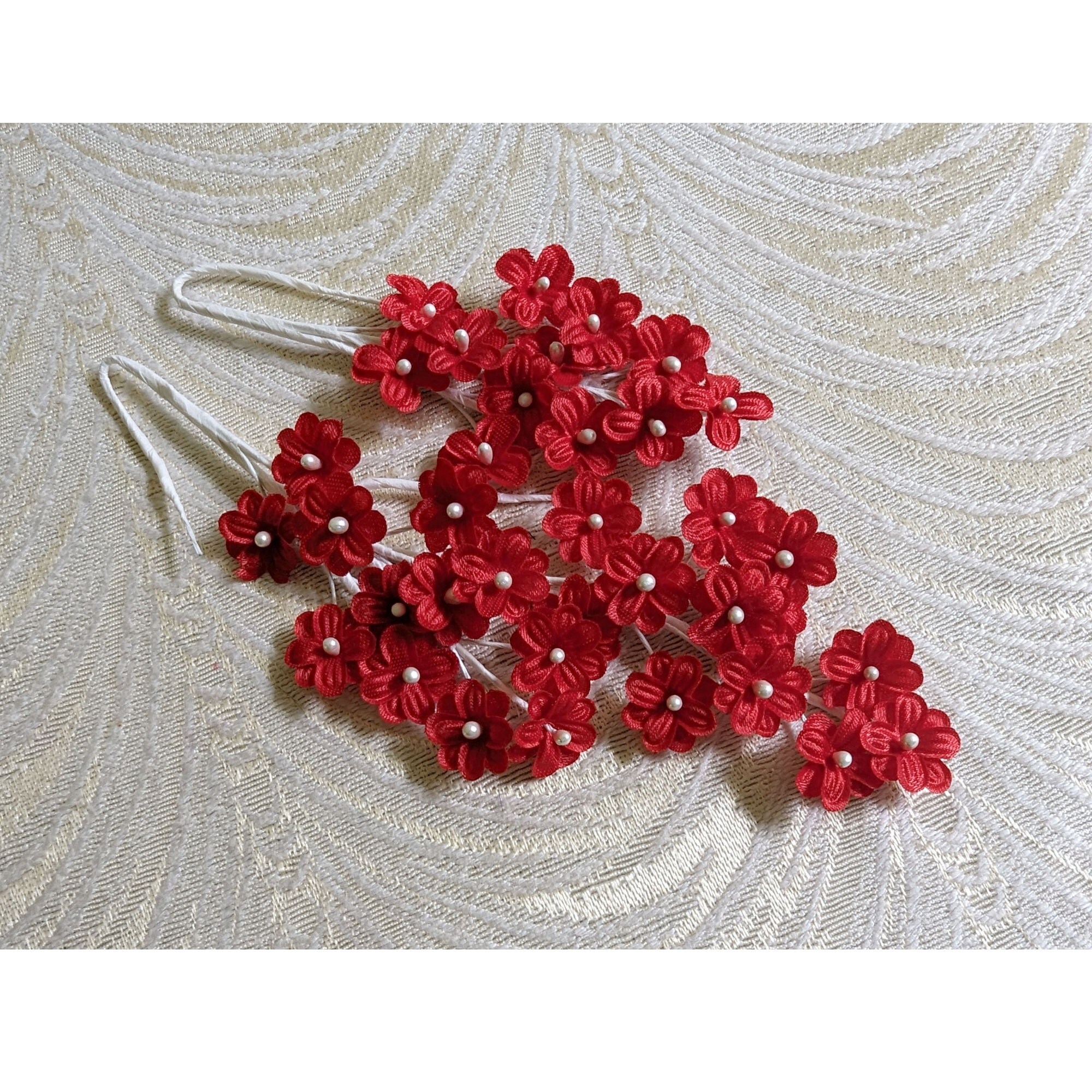 Vintage Red Forget Me Nots Satin Fabric Tiny Millinery Three Small Sprays for Hats Crafts Dolls Head Bands Flower Crowns