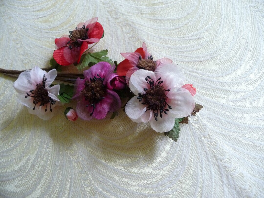 Organdy Velvet Millinery Flowers Red Fuchsia Pink White Spray of Five