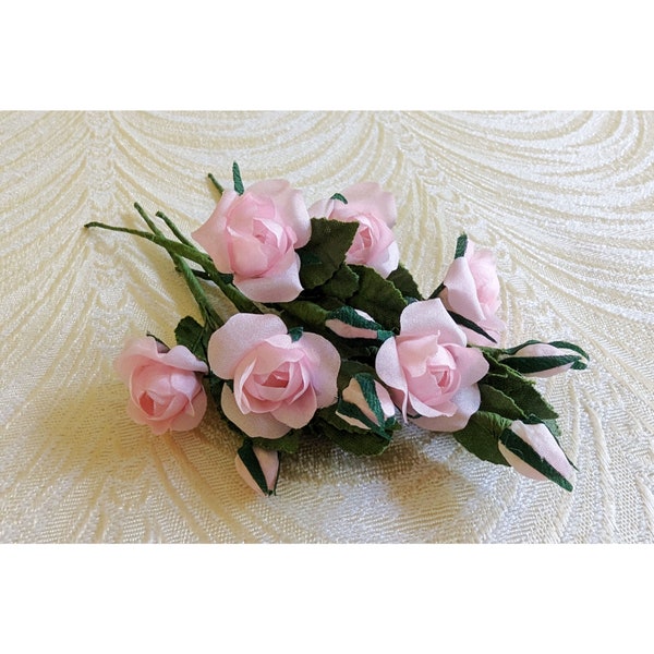 Tiny .75" Roses with Buds Set of 6 Sprigs for Dolls Corsages Boutonnieres Vintage NOS for Crafts Pink Small Silk Flowers 3FV0125P