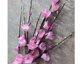 Cherry Blossom Branch Lilac Pink Mauve NOS Vintage Linen Millinery Flowers Buds Pips for Hats Weddings, Floral Arrangements
