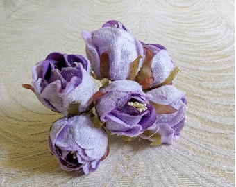 Rose Buds Bunch of 6 Small Lavender Purple Fabric Millinery Flowers for Hats Hair Clips Bridal Crowns Crafts