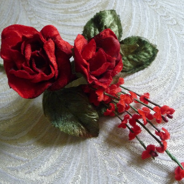 Red Velvet Roses with Millinery Leaves and Forget Me Nots Cluster for Weddings Hats Corsages 3FN0074R