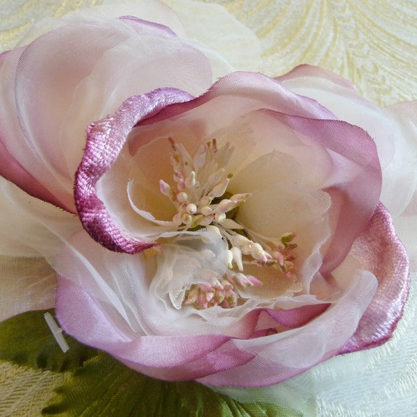 Pink Mauve and Ivory Silk and Velvet Rose Pink Millinery with Leaves for Wedding, Hats, Gown, Fascinator