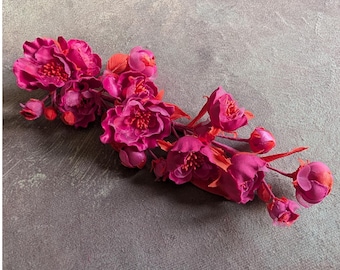 10" Handmade Blossom and Buds Fuchsia Red Spray for Hats, Millinery Flowers