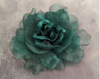 7.5" Dark Green Rose Satin Organdy Velvet Millinery Flower with Pin for Hats Gowns Sashes Fascinators