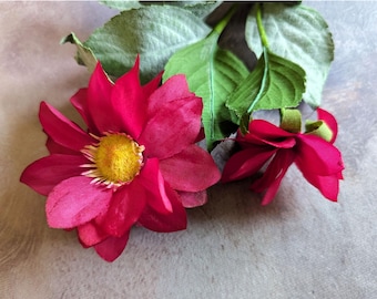 Vintage French Dahlia and Bud Long Stem Fuchsia Red Millinery Flowers from Paris NOS for Hats Fascinators Floral Arrangements