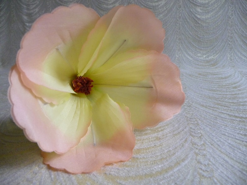 Vintage Satin Hibiscus Yellow Peach Shaded Millinery Flower NOS Japan Long Stem for Hats Fascinators Floral Arrangements