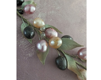 CLEARANCE SALE 14" Vintage Cherry Berry Garland NOS Millinery Pale Pink Gold Black Pearl Finish from Germany  for Hats Crafts As Is