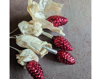Lot of 4 Vintage Christmas Mercury Glass Pine Cone Red Pick for Wreaths Garlands Feather Trees Mid Century Holiday Decorations Unused NOS