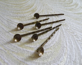 Six Bronze Bobby Pins Cup Ends for DIY Flower Hair Clips Bezel Bobbies Millinery Supply