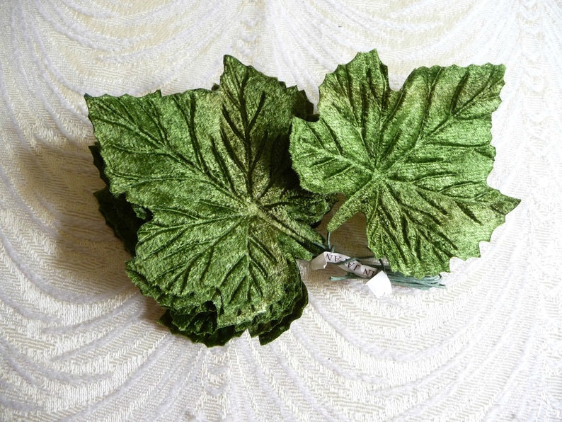 Vintage Velvet Leaves Green Maple Grape Millinery Bunch of 12 NOS for Crafts Hats Velvet Fall Crafts Pumpkins 7LS0006G image 1