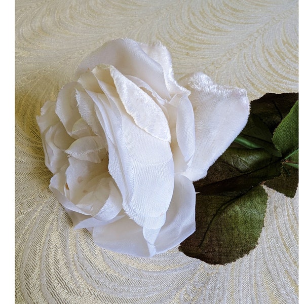 5" Vintage French Rose Aged White Long Stem Satin and Velvet Millinery Flower from Paris for Hats Fascinators Floral Arrangements Bridal NOS