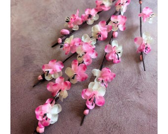 Vintage Silk Cherry Blossoms Bright Pink Cream White Millinery Flowers NOS for Hats, Floral Arrangements