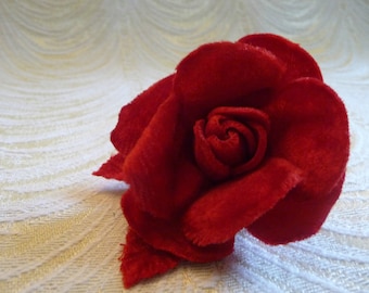 Small Red Velvet Rose 2.5" Millinery Flower with Leaves  for Hats, Corsages, Brooch, Fascinators 4FN0101R