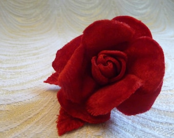 Small Red Velvet Rose 2.5&quot; Millinery Flower with Leaves  for Hats, Corsages, Brooch, Fascinators 4FN0101R